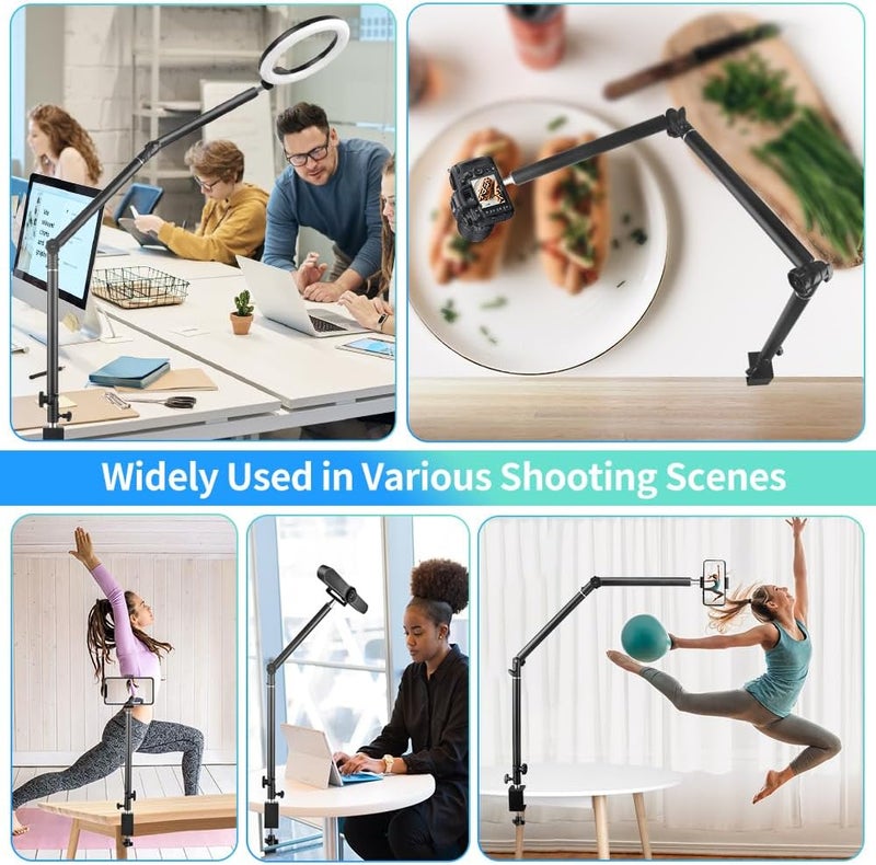 JEBUTU حامل كاميرا مكتبي متين قابل للتعديل 14.5"-41" مع برغي 1/4"، ذراع متحرك قابل للفصل بزاوية 360° مع مقبض موسع وقاعدة C-Clamp، حامل ضوء للطاولة للبث المباشر والفيديوهات - Image 2